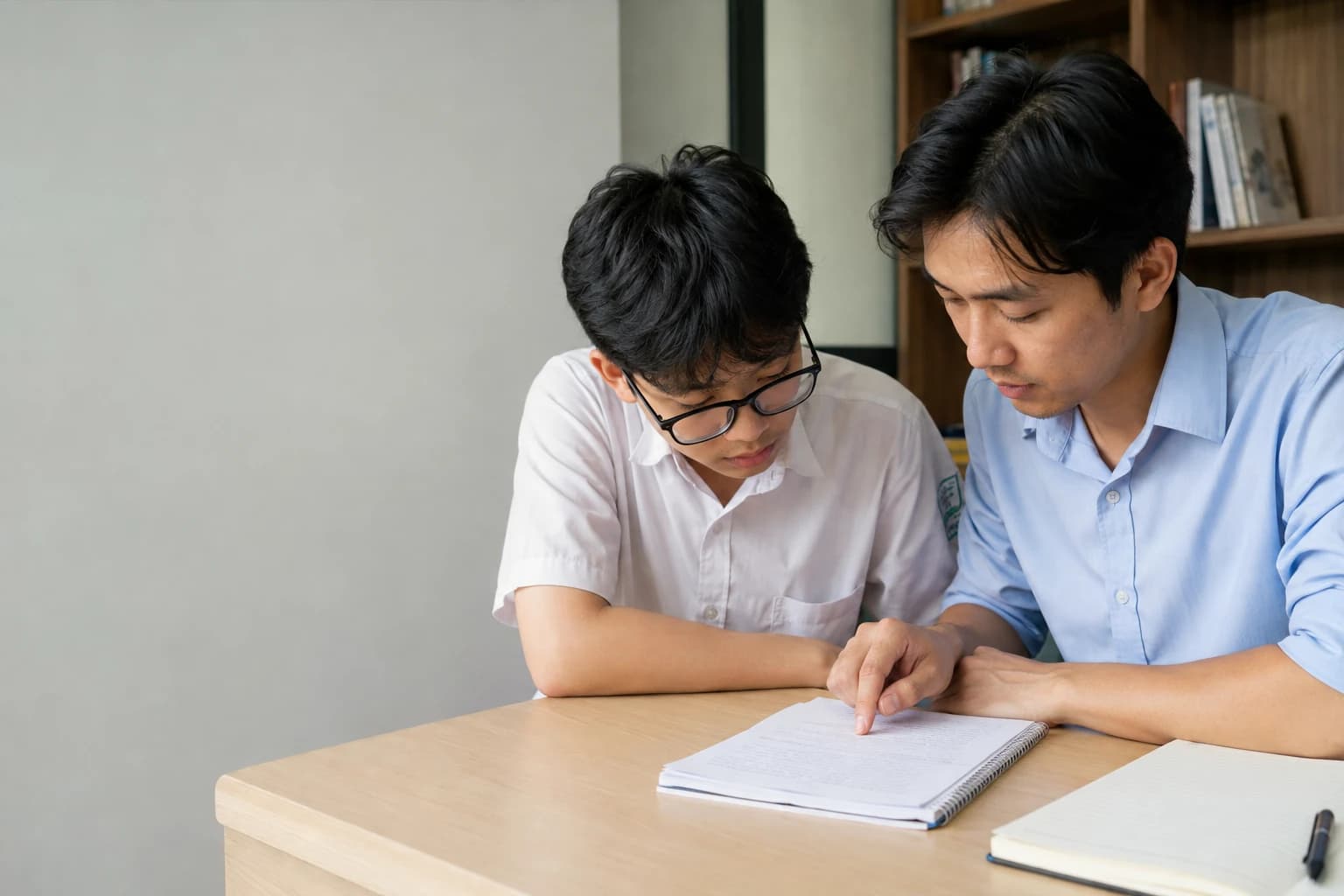 Giáo viên Wobridge trao đổi bài làm cùng một học viên