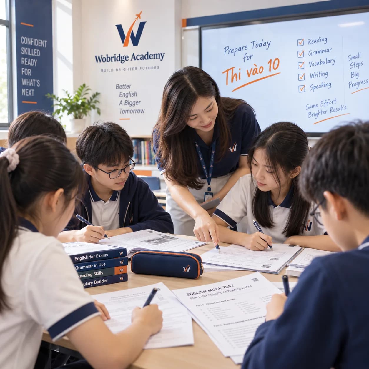 Học sinh lớp Tiếng Anh Trung cấp Cấp 2 tại Wobridge Academy trong giờ luyện thi vào 10