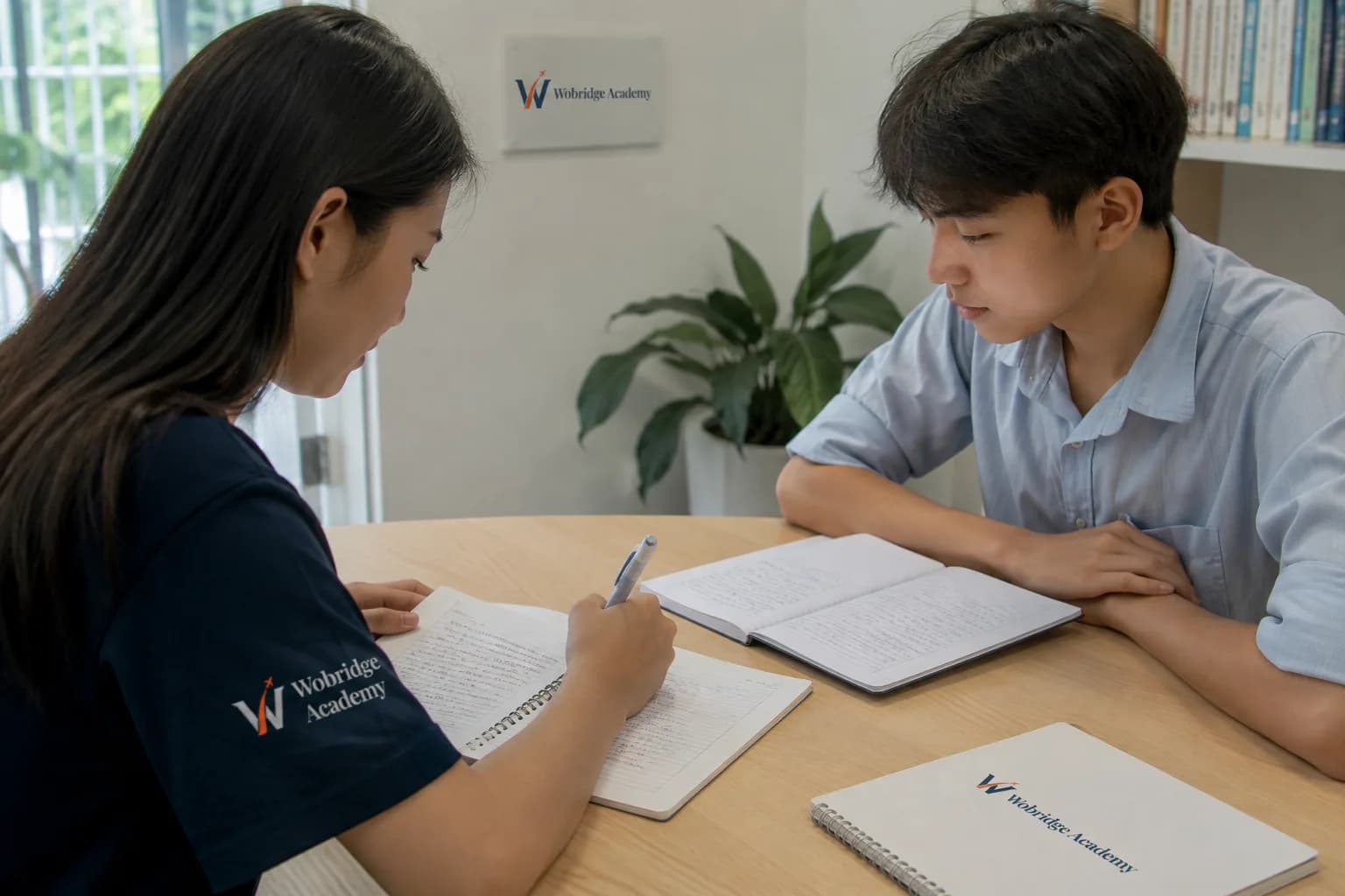 Giáo viên Wobridge ghi lại những lỗi diễn đạt còn lặp của học viên sau buổi trò chuyện