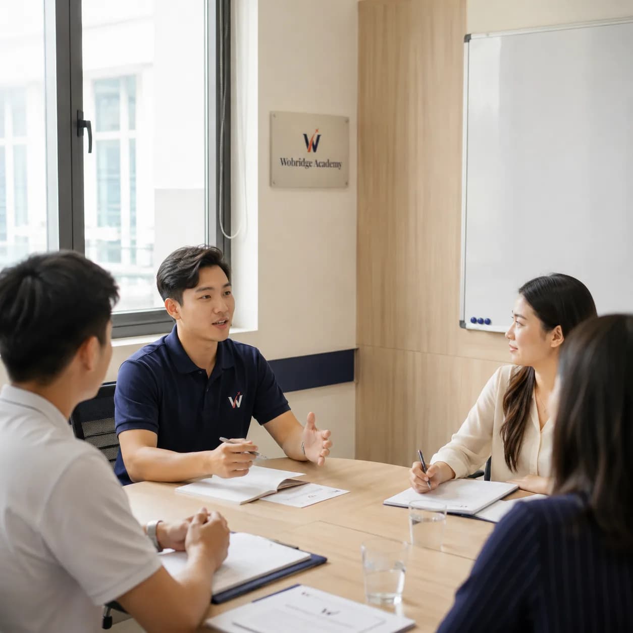 Học viên lớp Giao tiếp thực tế tại Wobridge Academy trong một buổi mô phỏng họp bằng tiếng Anh