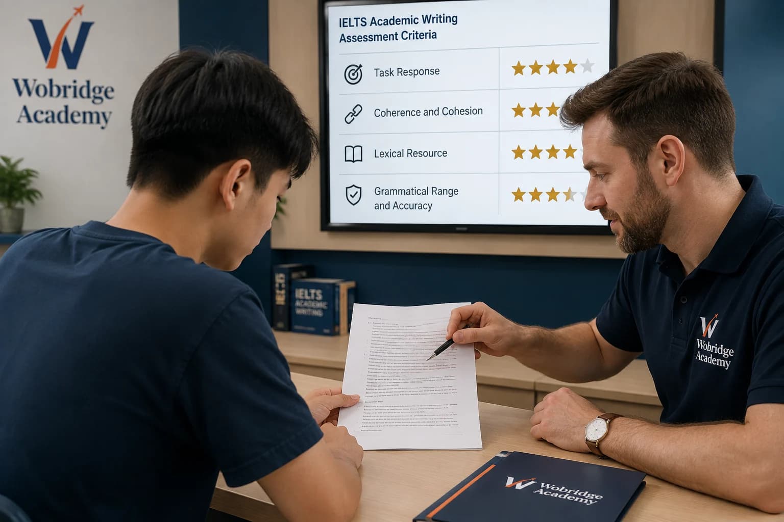 Học viên IELTS Academic đối chiếu bài viết đã chữa với bảng bốn tiêu chí chấm