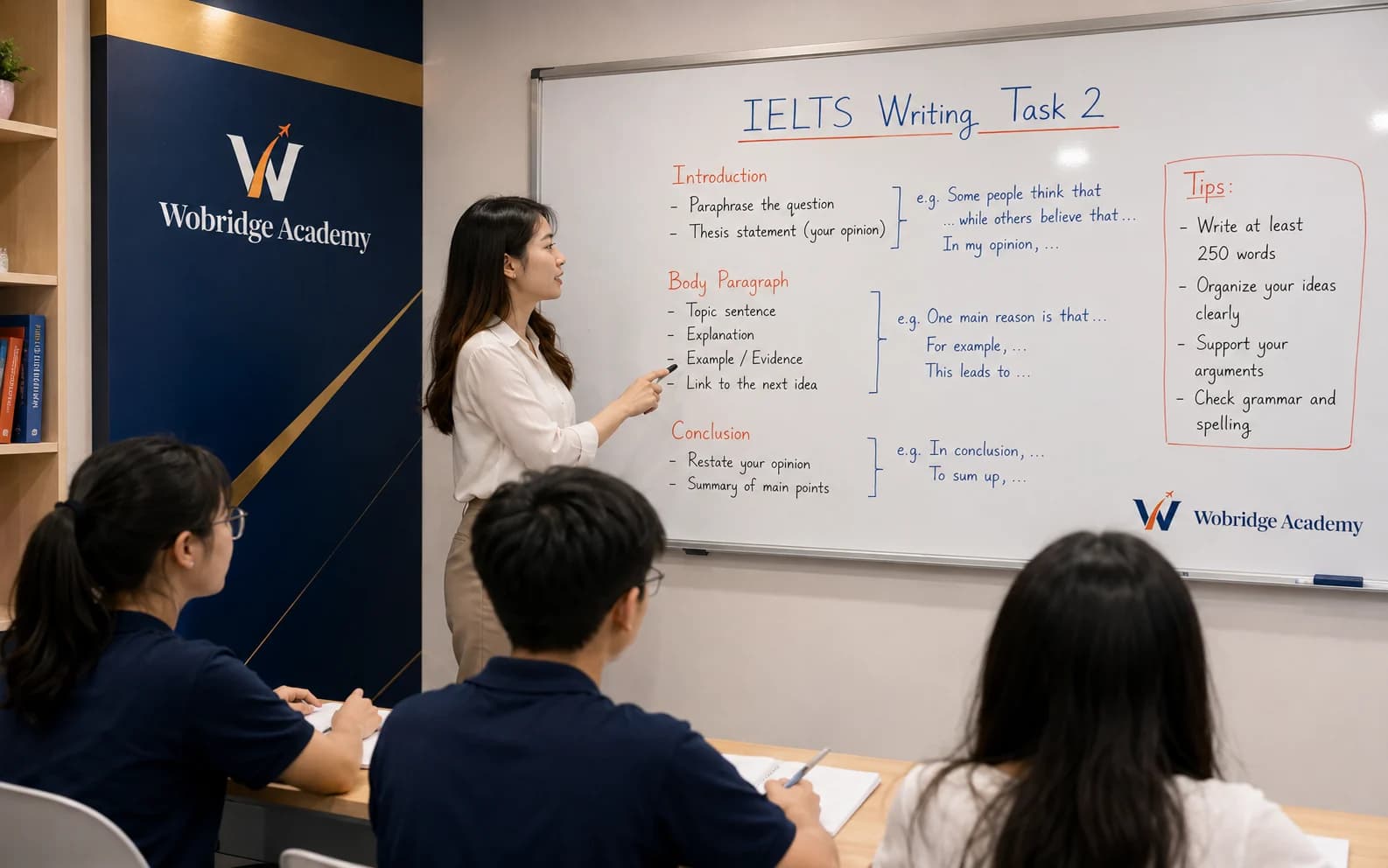 Giáo viên Wobridge chữa bài Writing trên bảng cho lớp IELTS Academic
