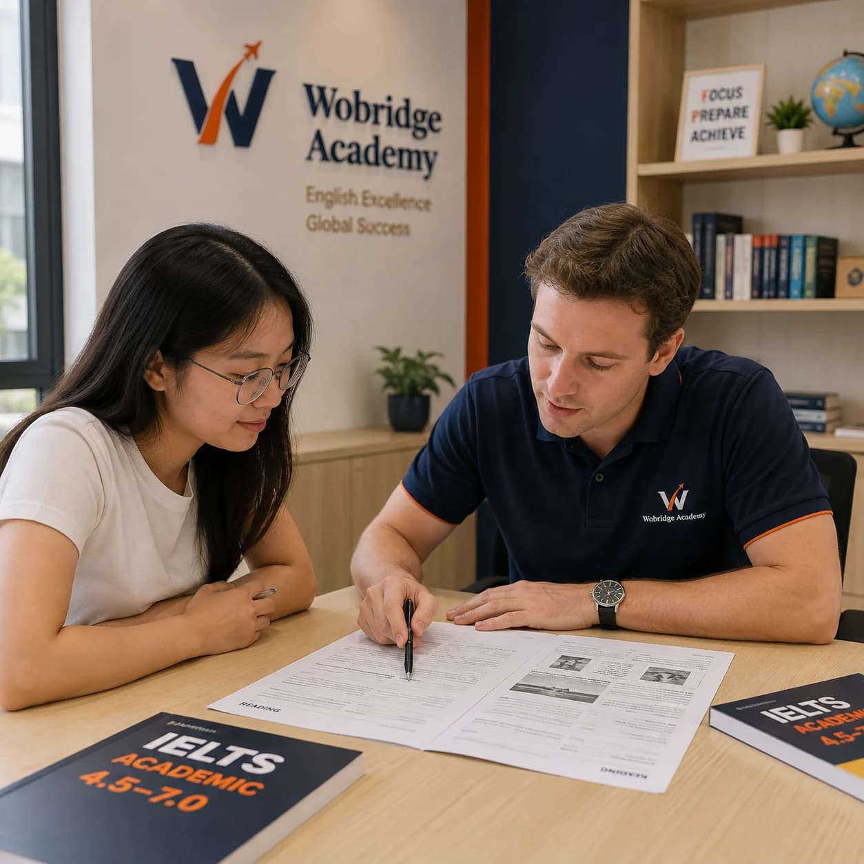 Lớp IELTS Academic 4.5–7.0 tại Wobridge Academy trong giờ chữa bài Reading