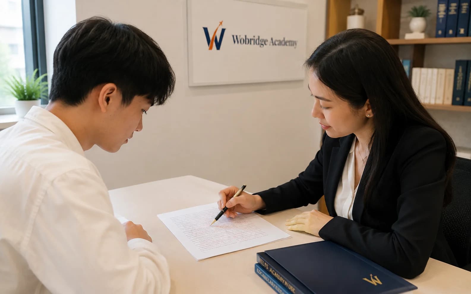Giáo viên Wobridge chữa bài Writing 1:1 cùng một học viên khóa 7.0+