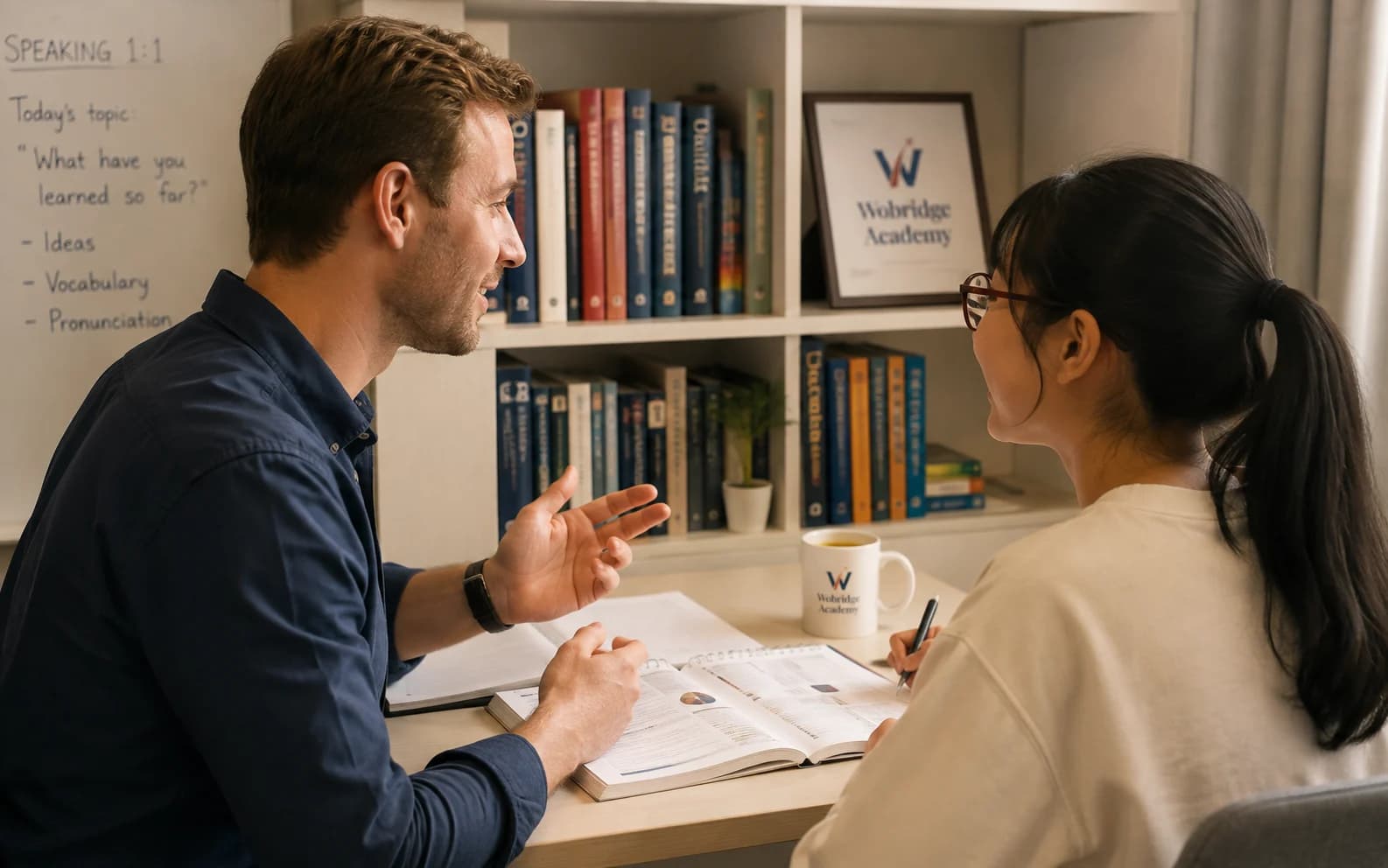 Giáo viên bản ngữ luyện Speaking 1:1 cùng một học viên Wobridge
