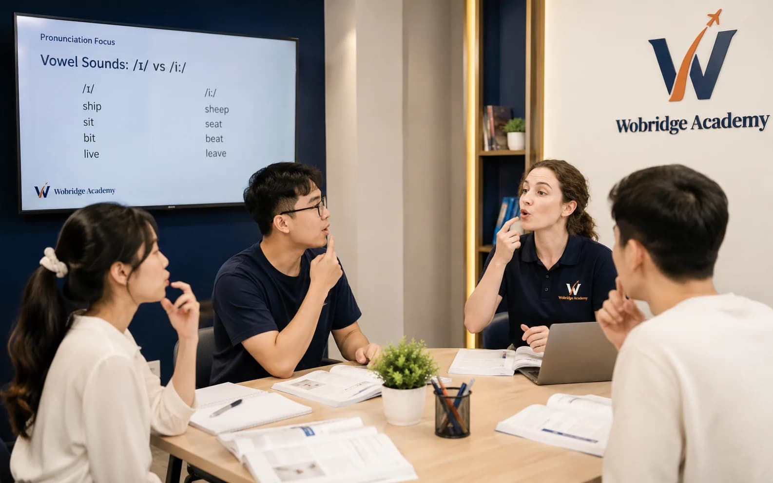 Giáo viên Wobridge hướng dẫn phát âm cho một nhóm nhỏ học viên Pre-IELTS