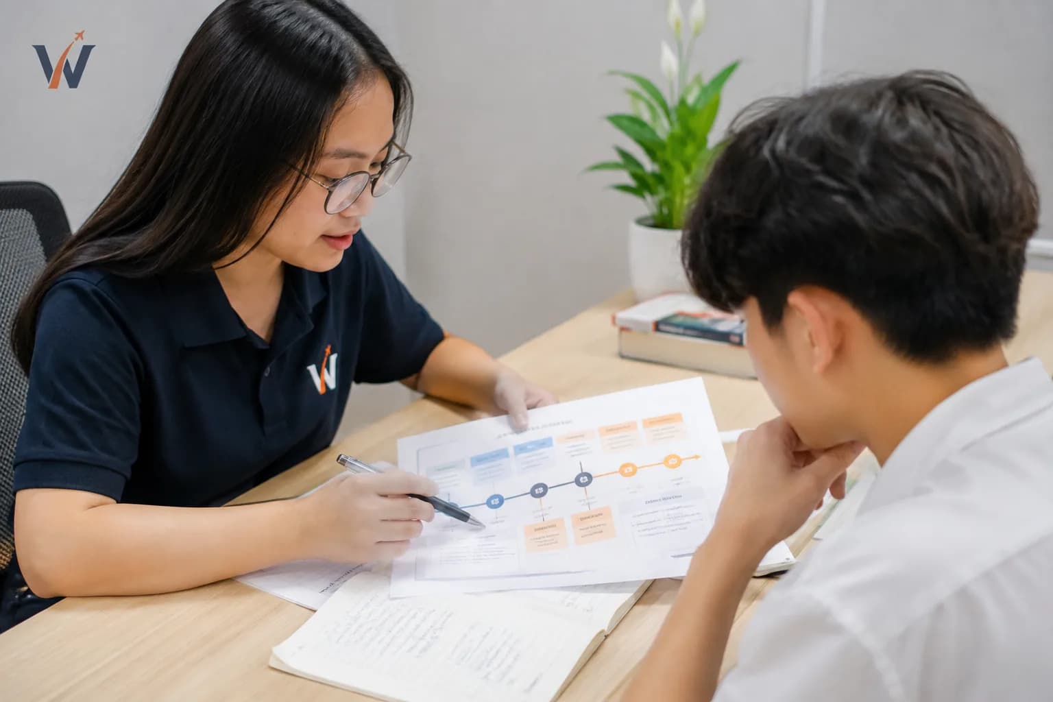 Giáo viên Wobridge và học sinh cùng xem lại lộ trình SAT vừa điều chỉnh