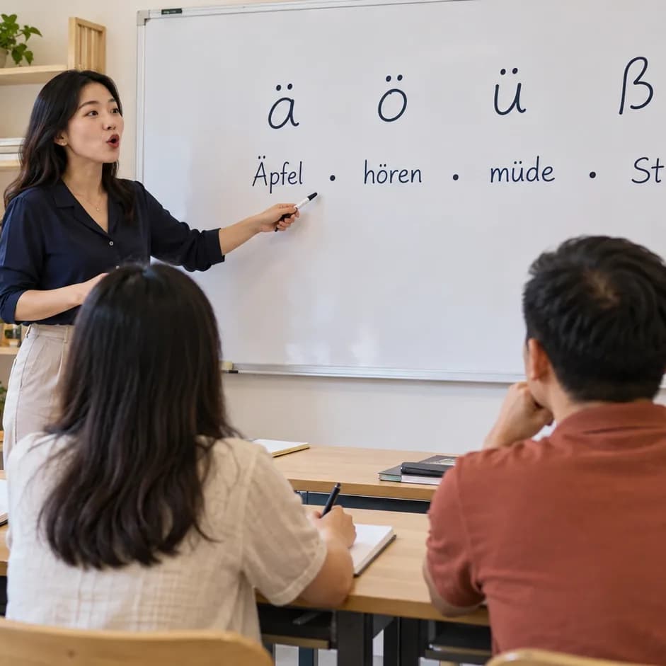 Học viên lớp tiếng Đức A1 tại Wobridge Academy trong giờ luyện phát âm