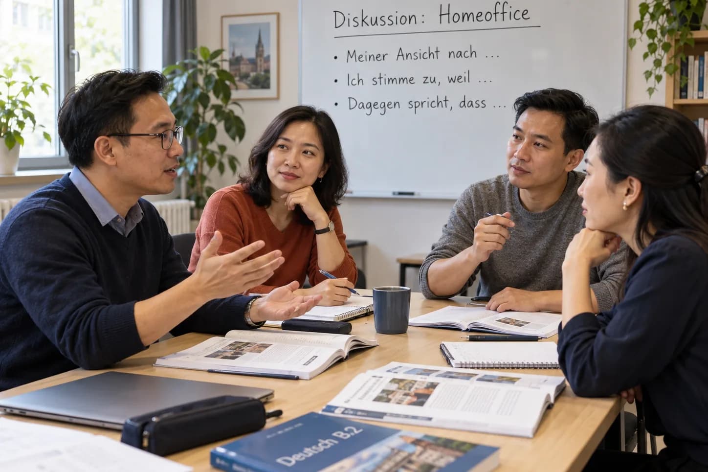 A group of students debating in German