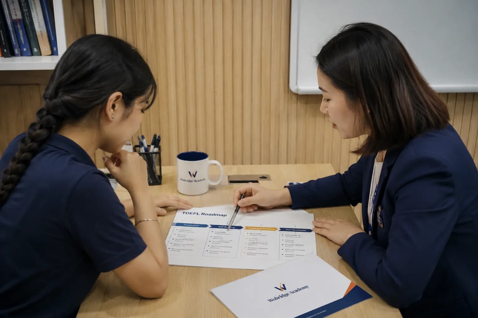 Giáo viên Wobridge và học viên cùng xem lại lộ trình TOEFL vừa điều chỉnh