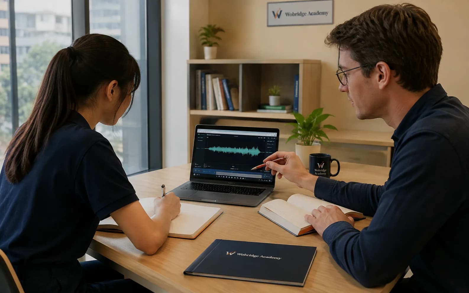Giáo viên Wobridge nghe lại bản ghi âm Speaking cùng một học viên TOEFL