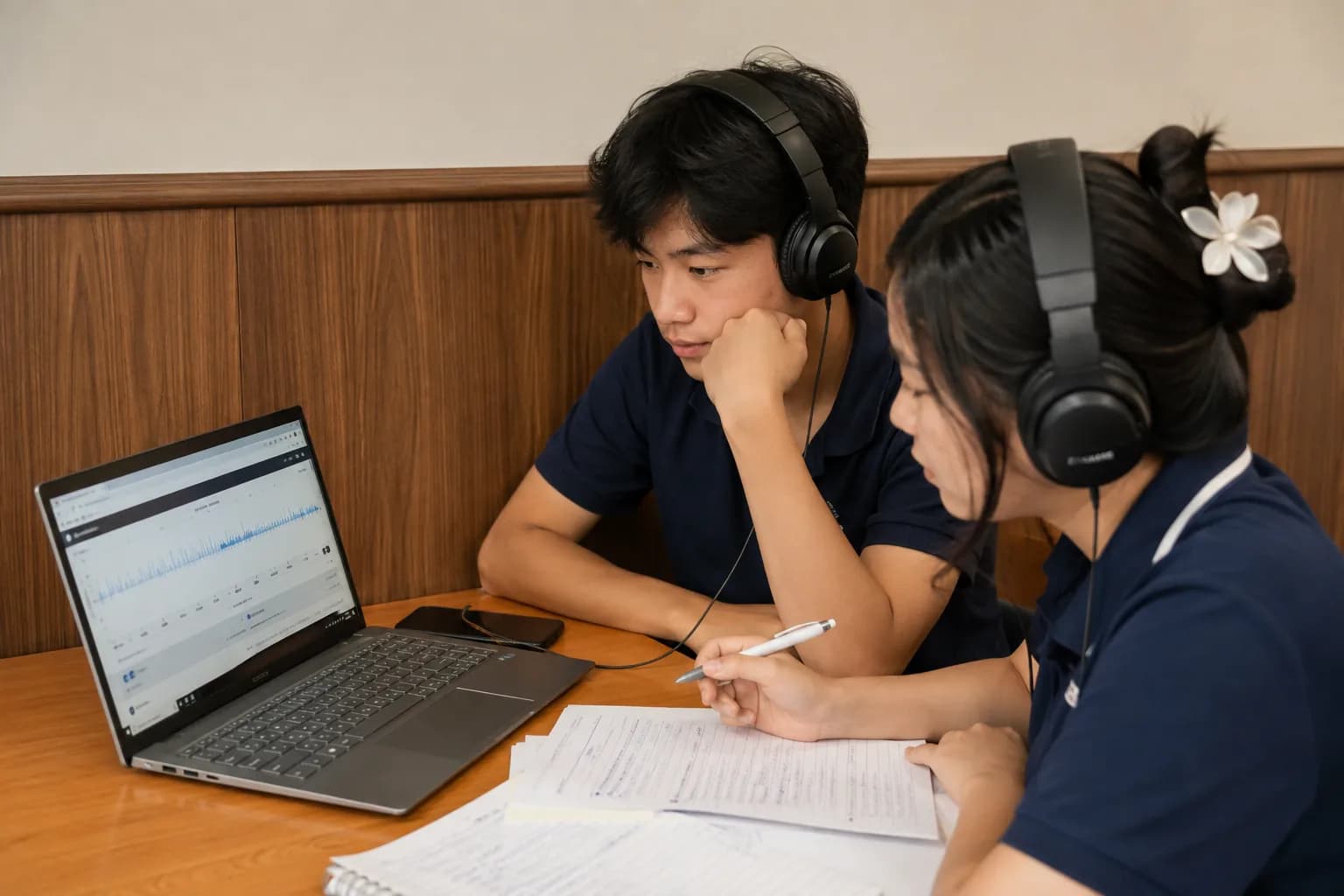 Học viên TOEFL đối chiếu bản ghi âm phần Speaking với nhận xét của giáo viên