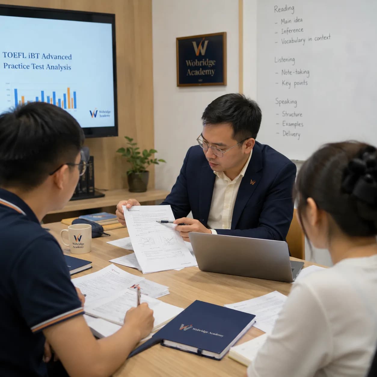 Buổi học của khóa TOEFL iBT Advanced tại Wobridge Academy trong giờ phân tích đề