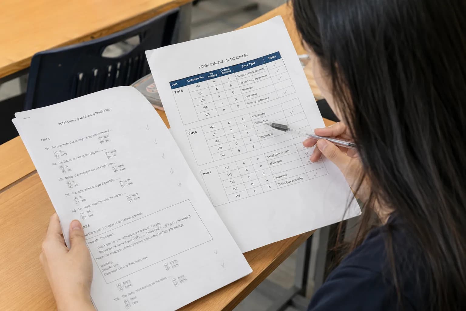 Học viên TOEIC đối chiếu bài làm với bảng thống kê lỗi theo từng part