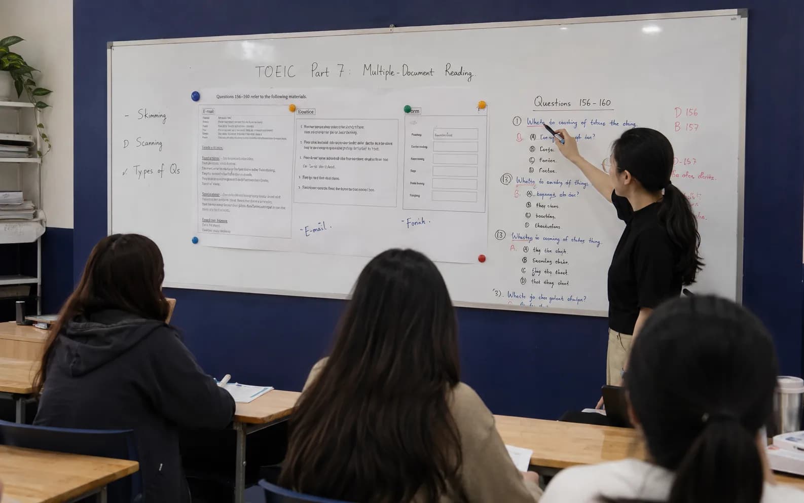Giáo viên Wobridge chữa Part 7 trên bảng cho lớp TOEIC