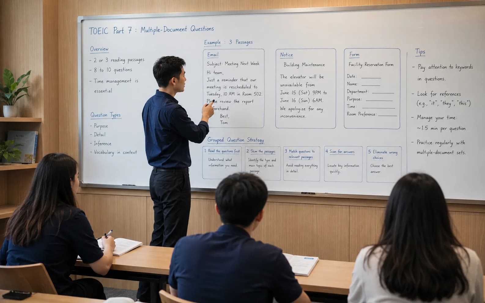 Giáo viên Wobridge phân tích một cụm bài Part 7 nhiều văn bản cho lớp TOEIC vùng điểm cao