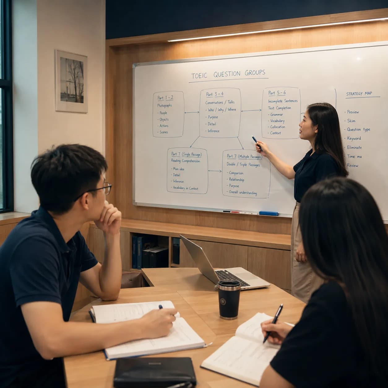 Buổi học của khóa TOEIC 650 – 850+ tại Wobridge Academy trong giờ phân tích đề