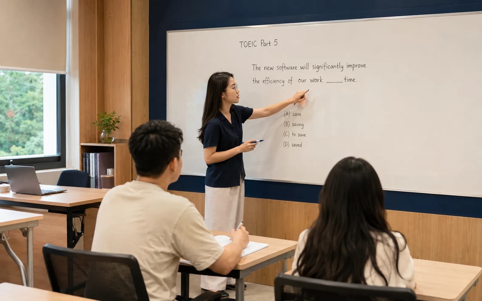 Giáo viên Wobridge hướng dẫn một nhóm nhỏ học viên TOEIC Foundation phân tích câu hỏi Part 5