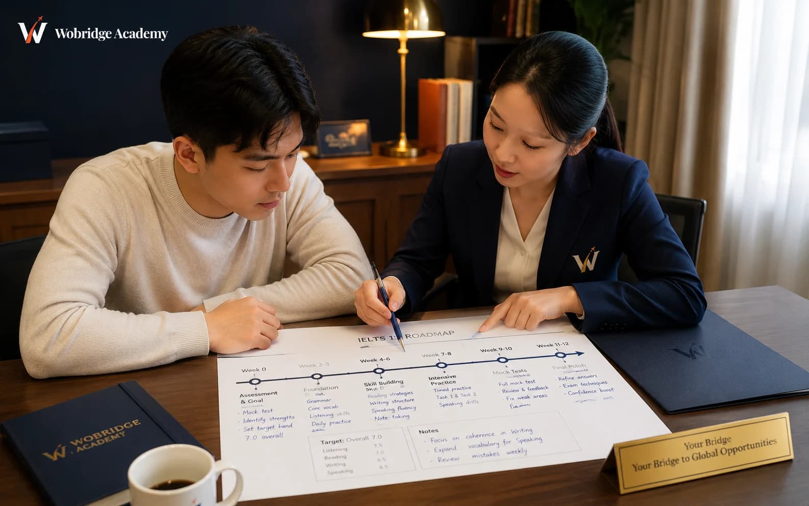 Tư vấn viên Wobridge ghi lại đề xuất khóa học trên giấy cùng học viên trong buổi tư vấn