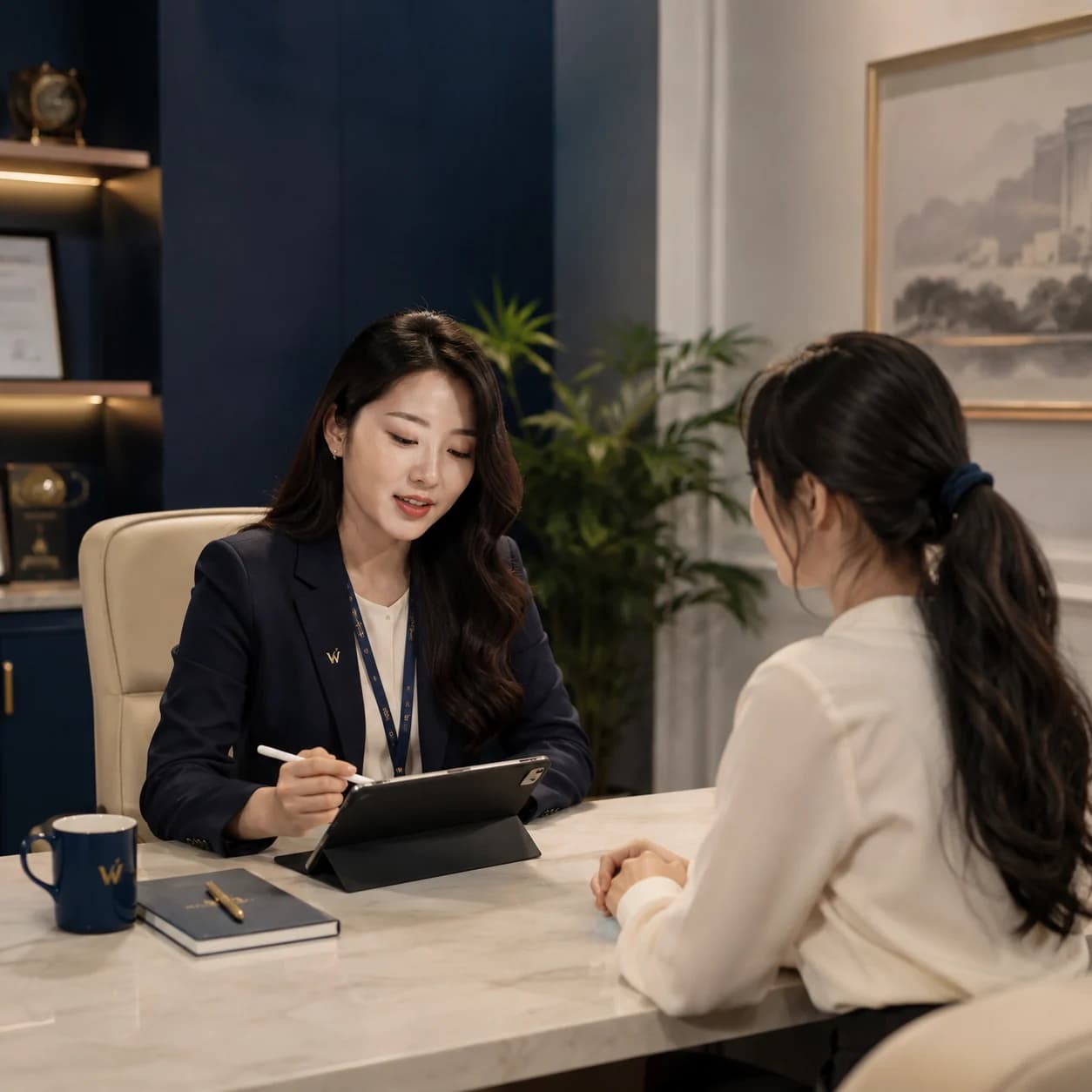 Tư vấn viên Wobridge Academy trao đổi riêng với một học viên tại bàn tư vấn