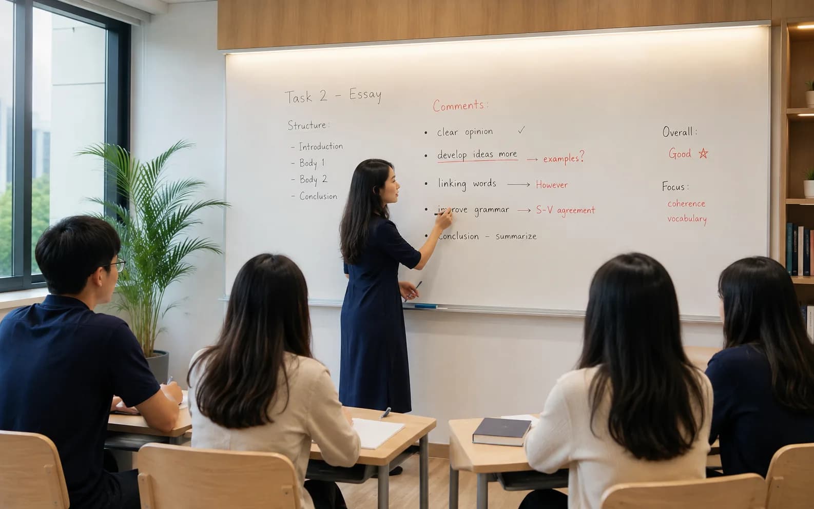Giáo viên Wobridge chữa bài viết Task 2 trên bảng cho lớp VSTEP