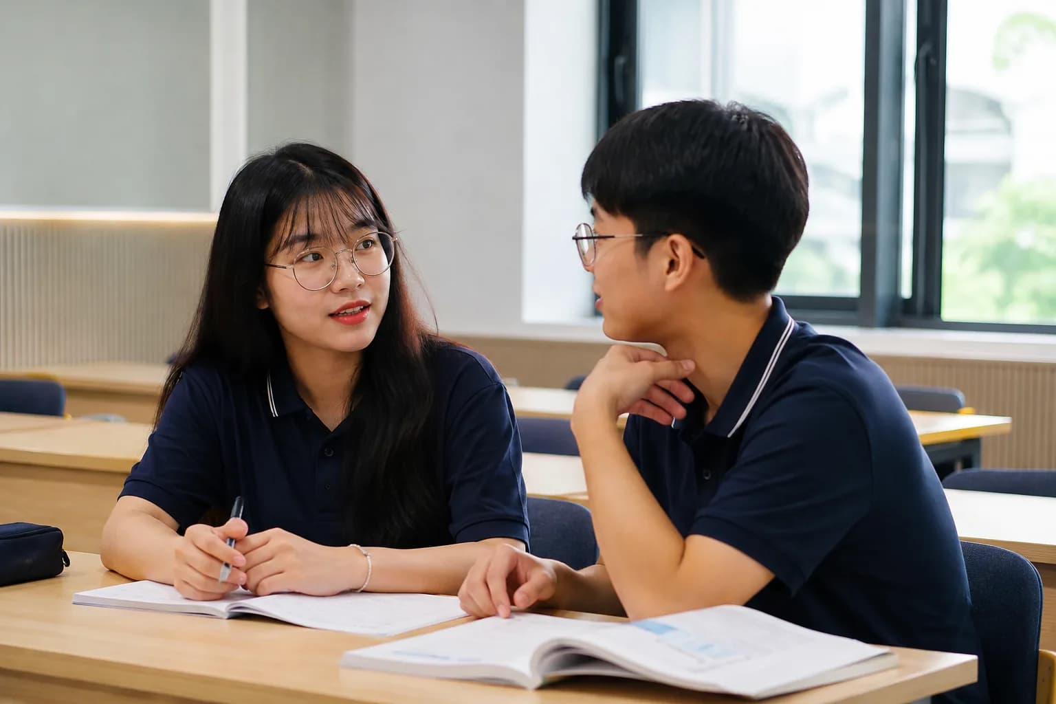 Hai học viên VSTEP Foundation luyện nói theo cặp trong giờ Speaking