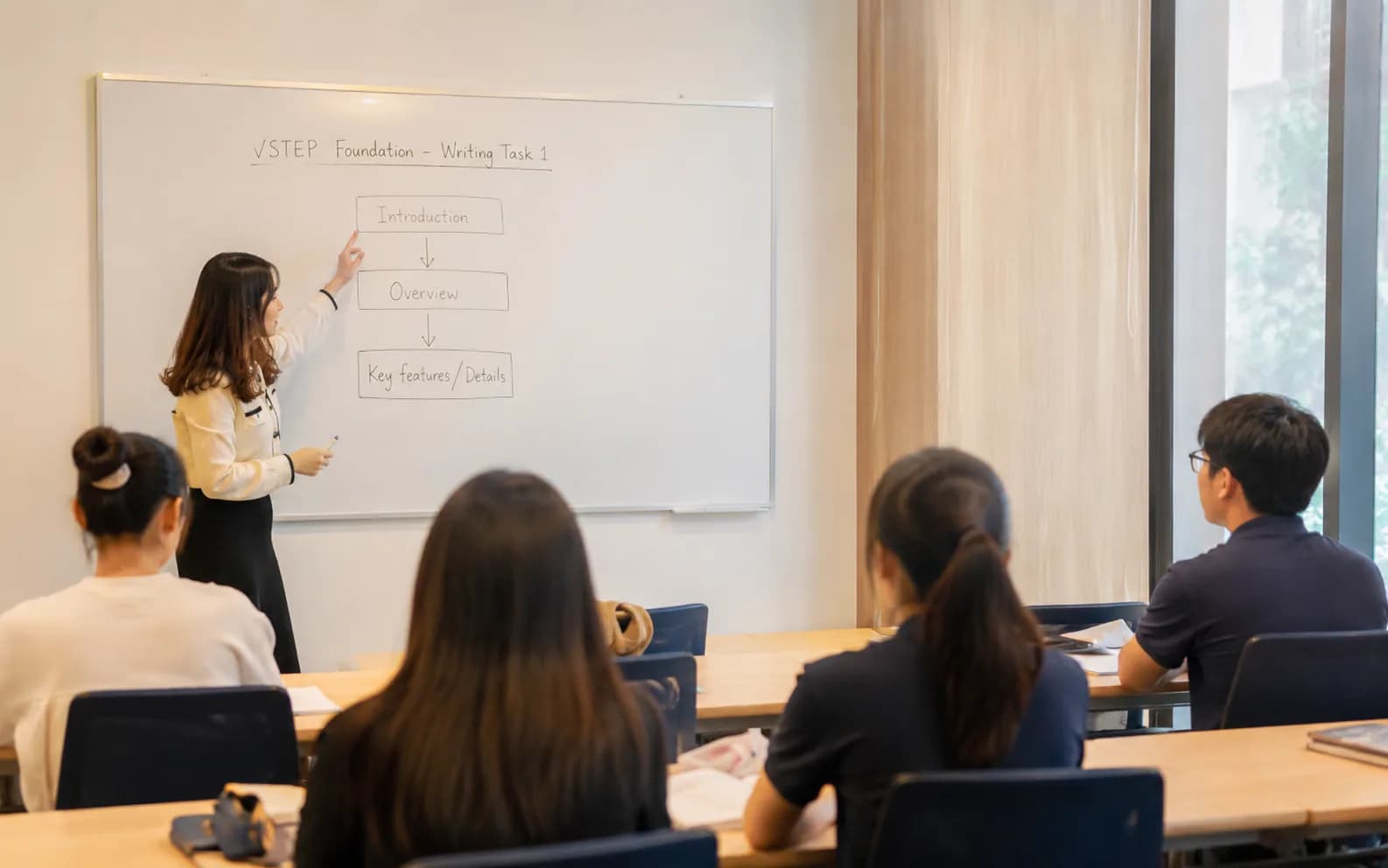 Giáo viên Wobridge hướng dẫn một nhóm nhỏ học viên VSTEP Foundation dựng bố cục bài viết Task 1