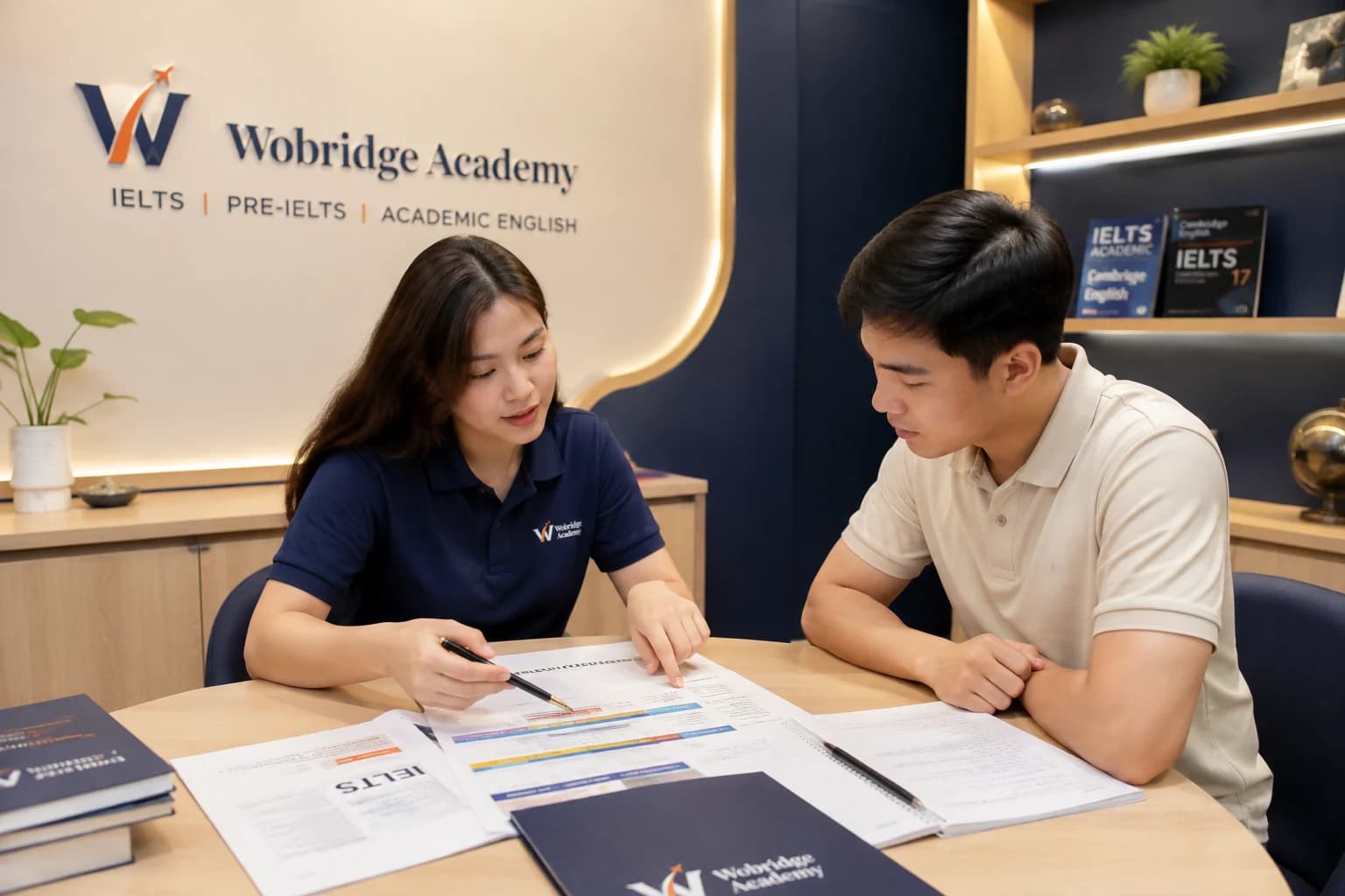 Buổi tư vấn lộ trình tại Wobridge Academy — hai người ngồi đối diện, tài liệu lộ trình trên bàn