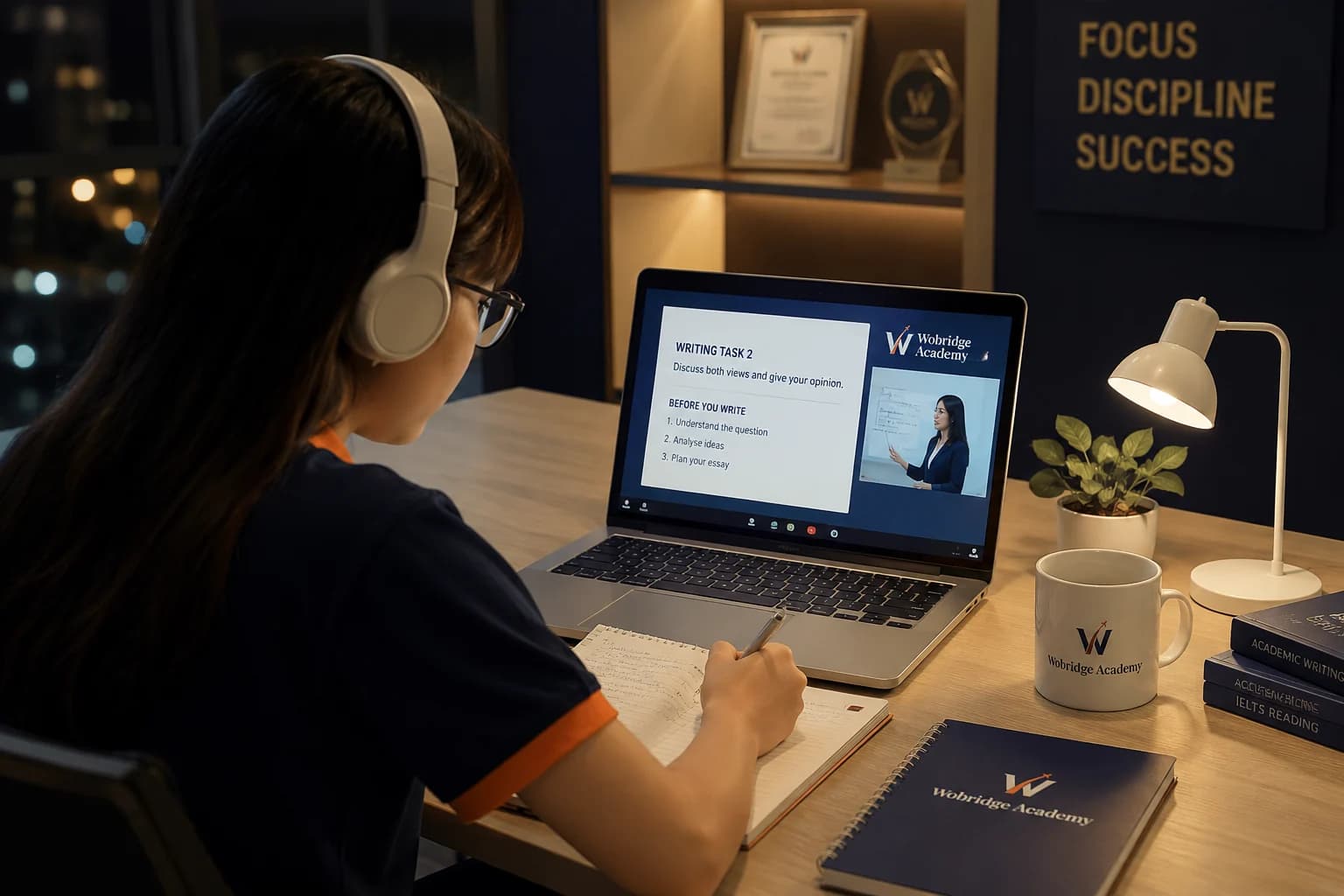 Học viên Wobridge xem lại một bài giảng E-learning vào buổi tối