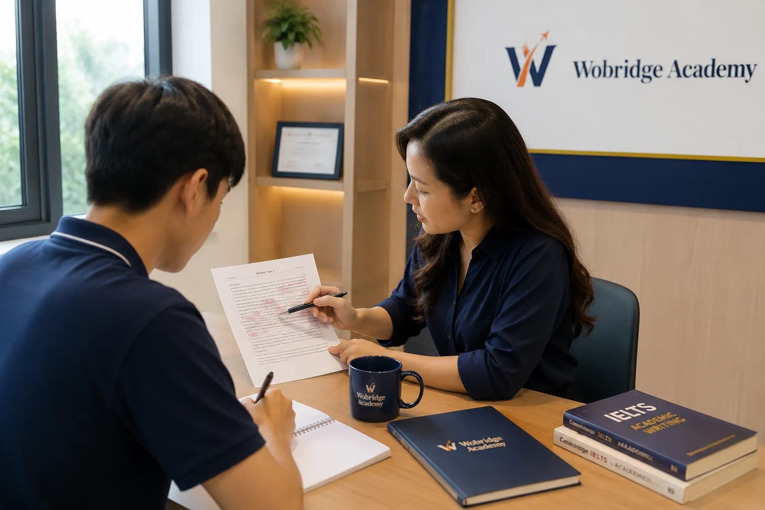 Giáo viên Wobridge chữa bài viết cho một học viên trong buổi kèm riêng