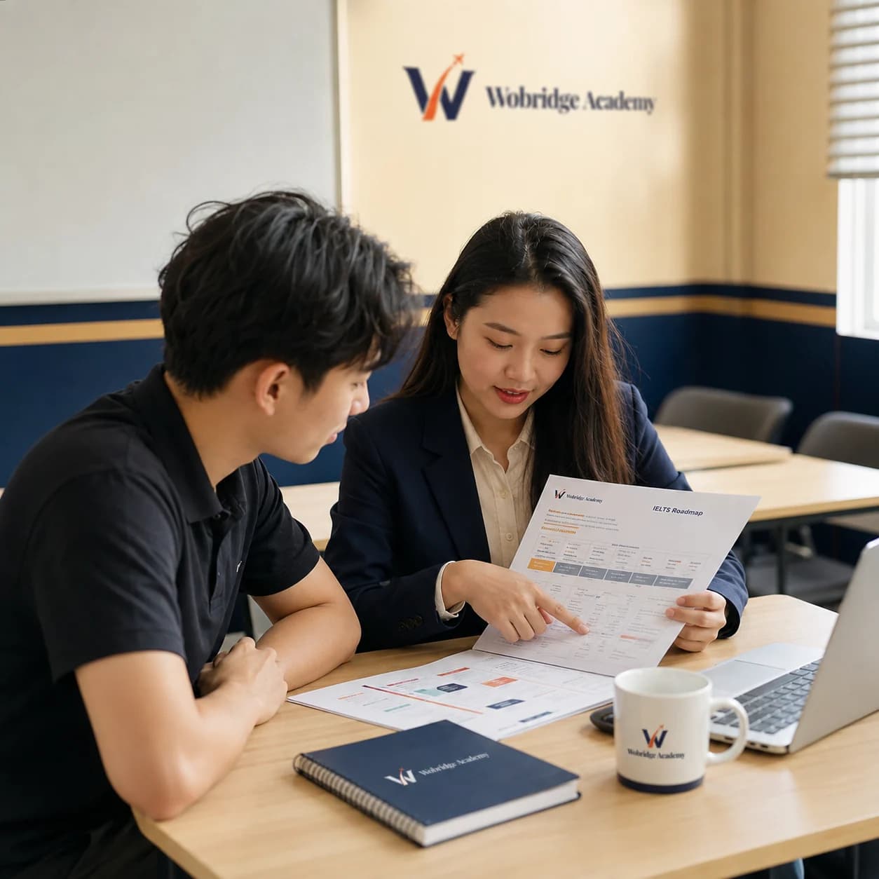 Học viên và giáo viên trao đổi lộ trình học trong lớp tại Wobridge Academy