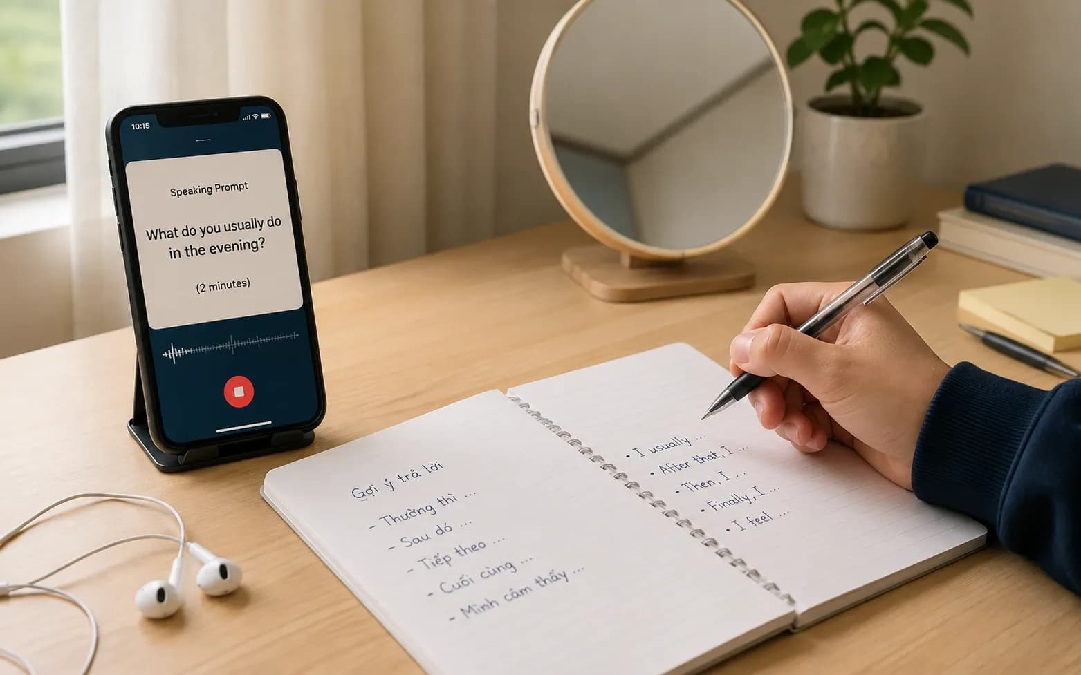 Một góc bàn với cuốn sổ mở và điện thoại đang bật chế độ ghi âm
