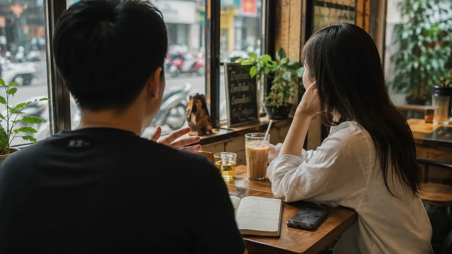 Hai người ngồi đối diện nhau trao đổi trong một quán cà phê
