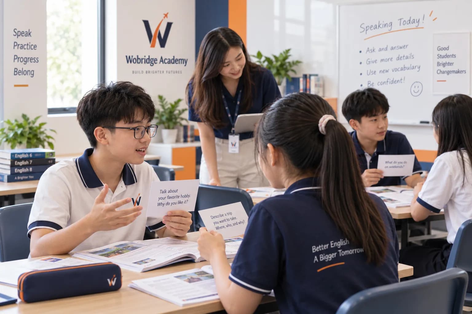 Học sinh cấp 2 luyện nói theo cặp trong giờ Speaking