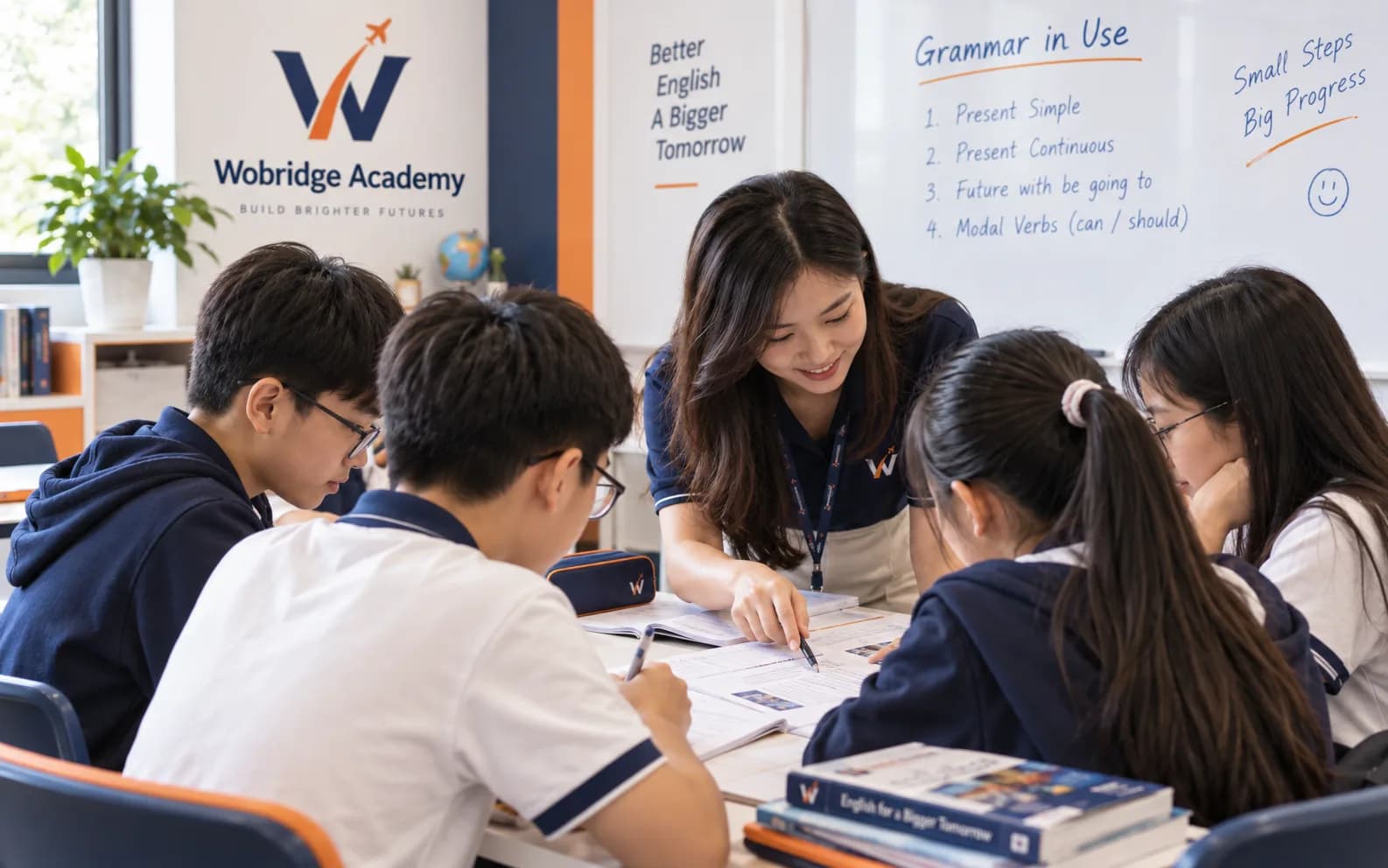 Giáo viên Wobridge chữa bài ngữ pháp cho một nhóm nhỏ học sinh cấp 2