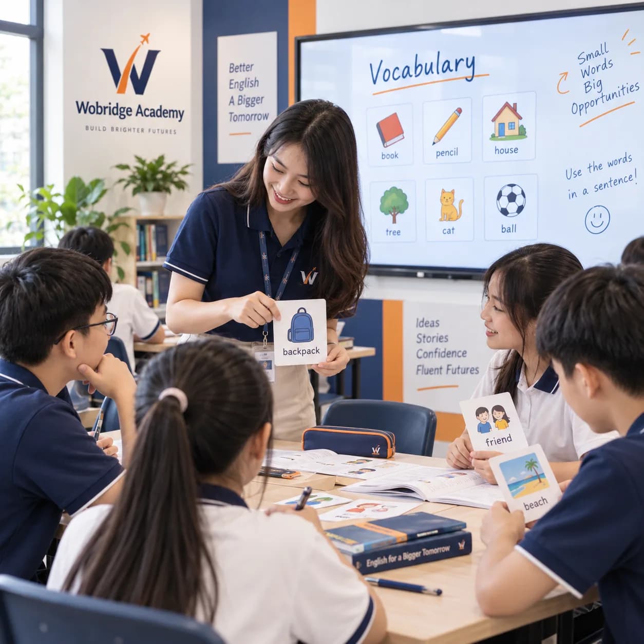 Học sinh lớp Tiếng Anh Cơ bản Cấp 2 tại Wobridge Academy trong giờ luyện từ vựng