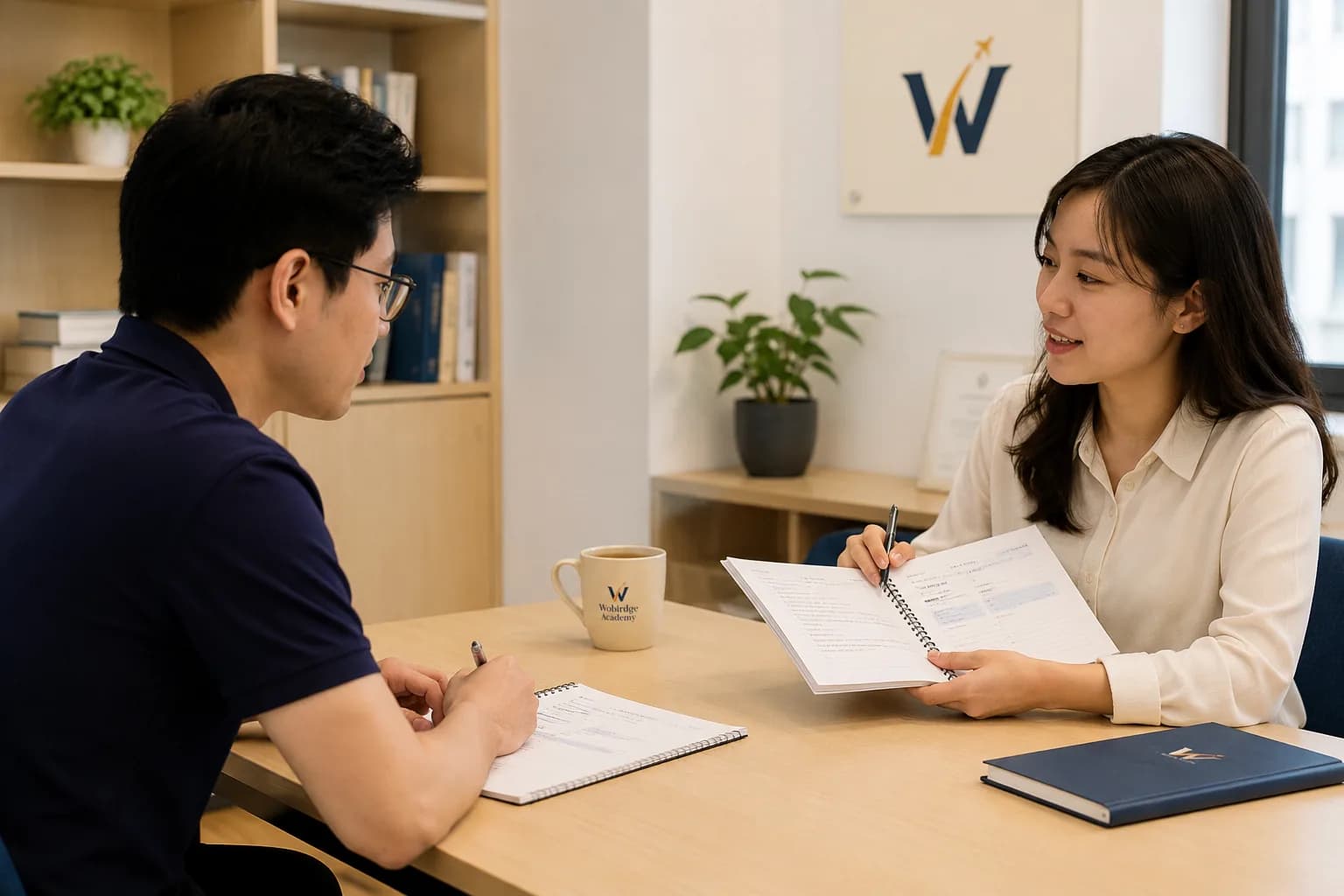 Hai học viên lớp Giao tiếp nền tảng thực hành một tình huống hỏi đường