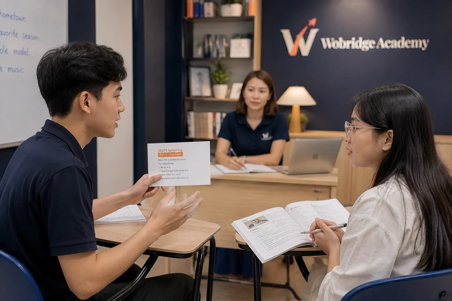 Hai học viên Pre-IELTS luyện nói theo cặp trong giờ Speaking