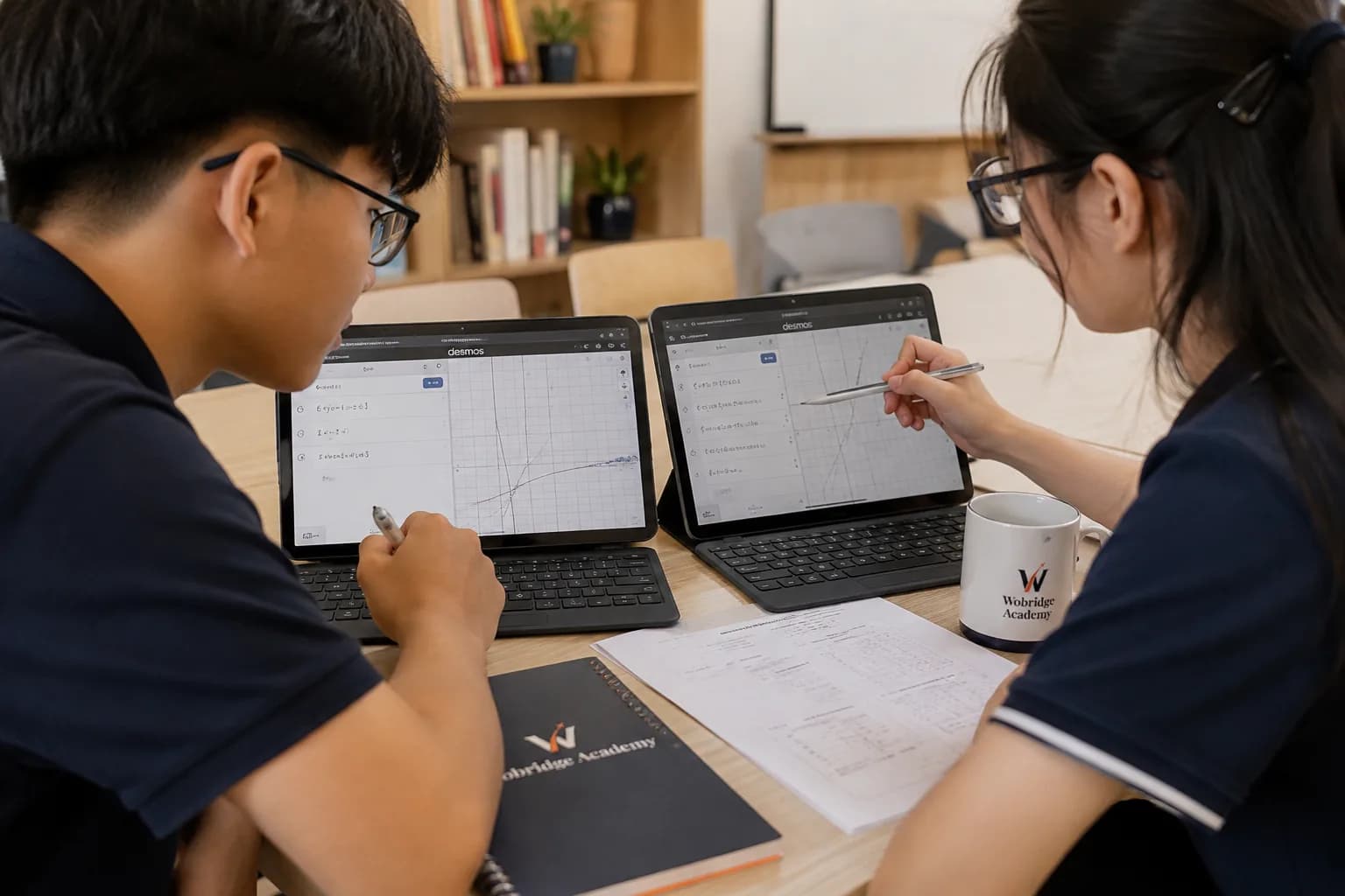 Hai học sinh SAT Foundation làm quen máy tính Desmos dựng sẵn trong ứng dụng thi
