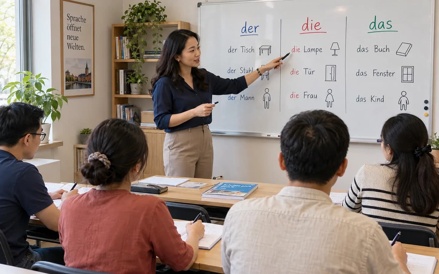 Giáo viên giải thích giống der, die, das trên bảng