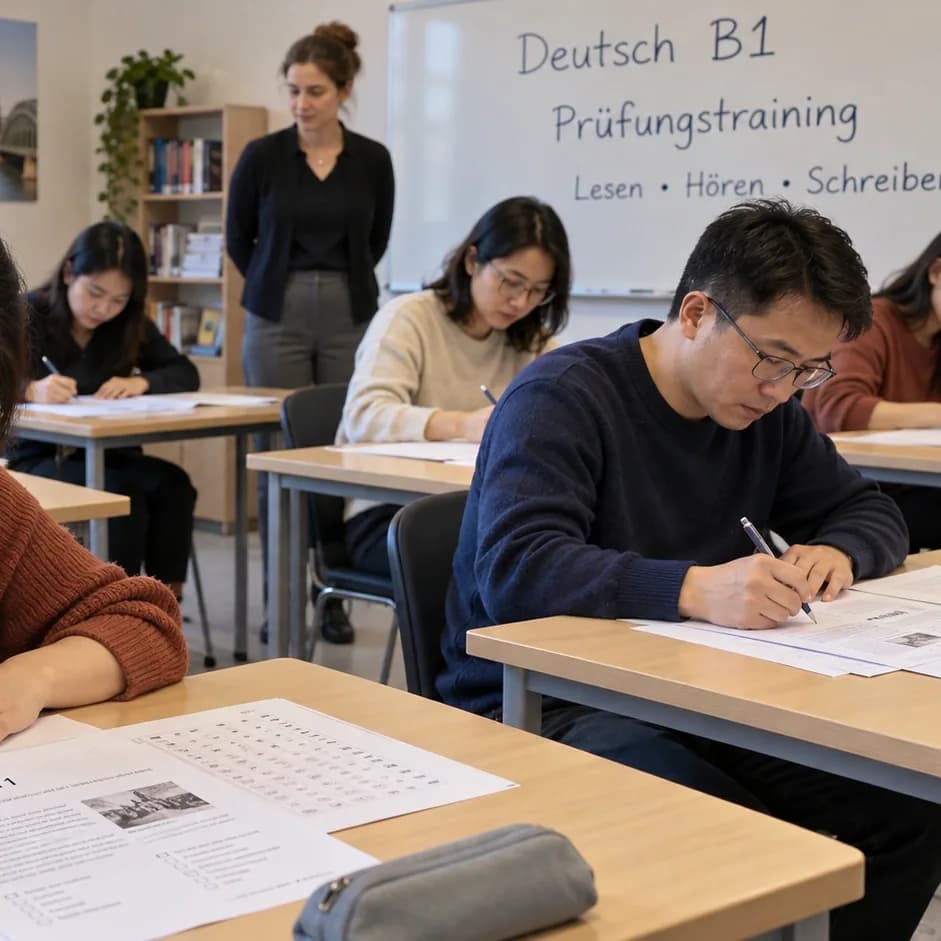 Học viên lớp tiếng Đức B1 tại Wobridge Academy trong giờ luyện đề