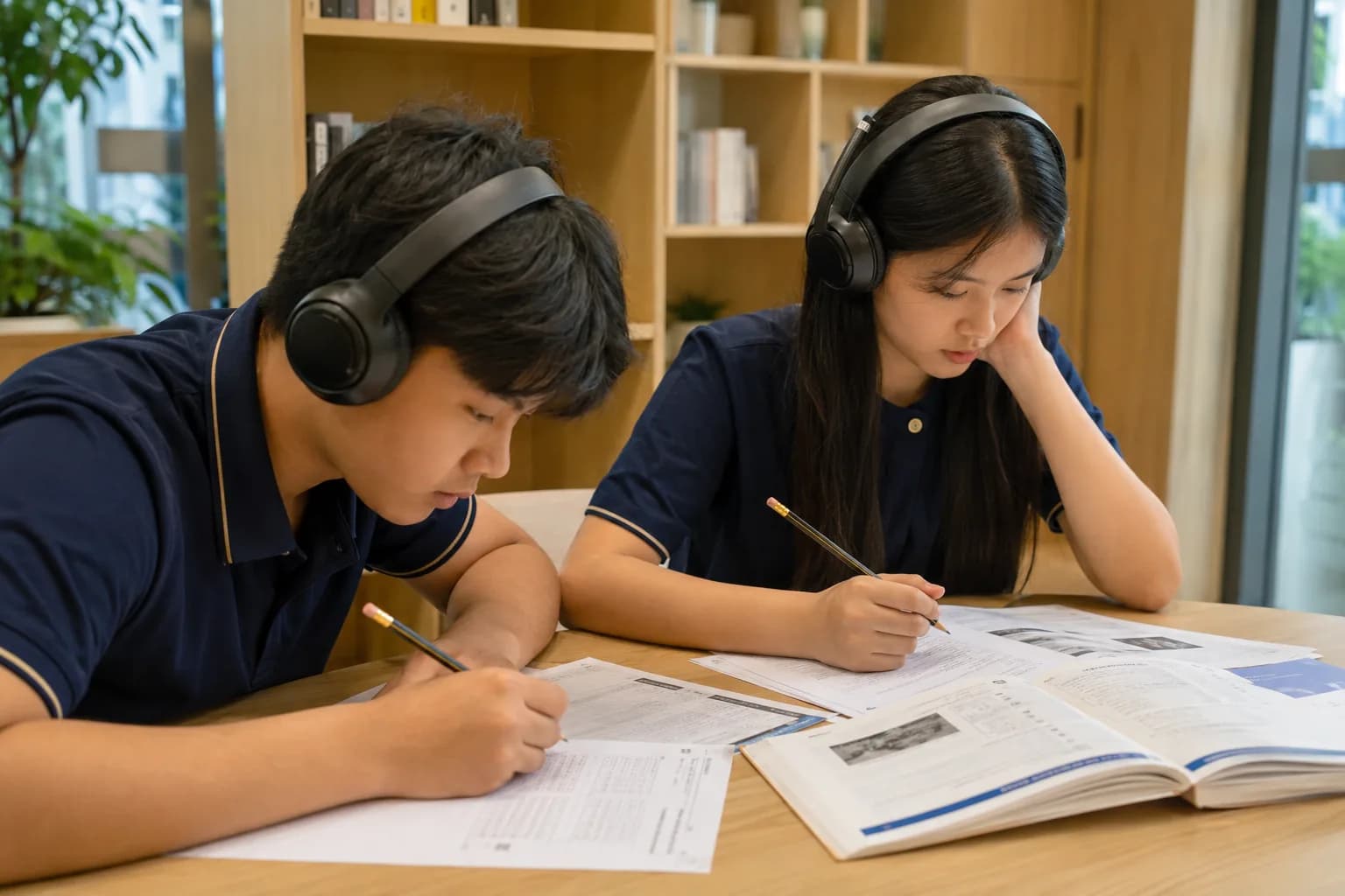 Hai học viên TOEIC Foundation luyện nghe Part 2 bằng tai nghe trong giờ học