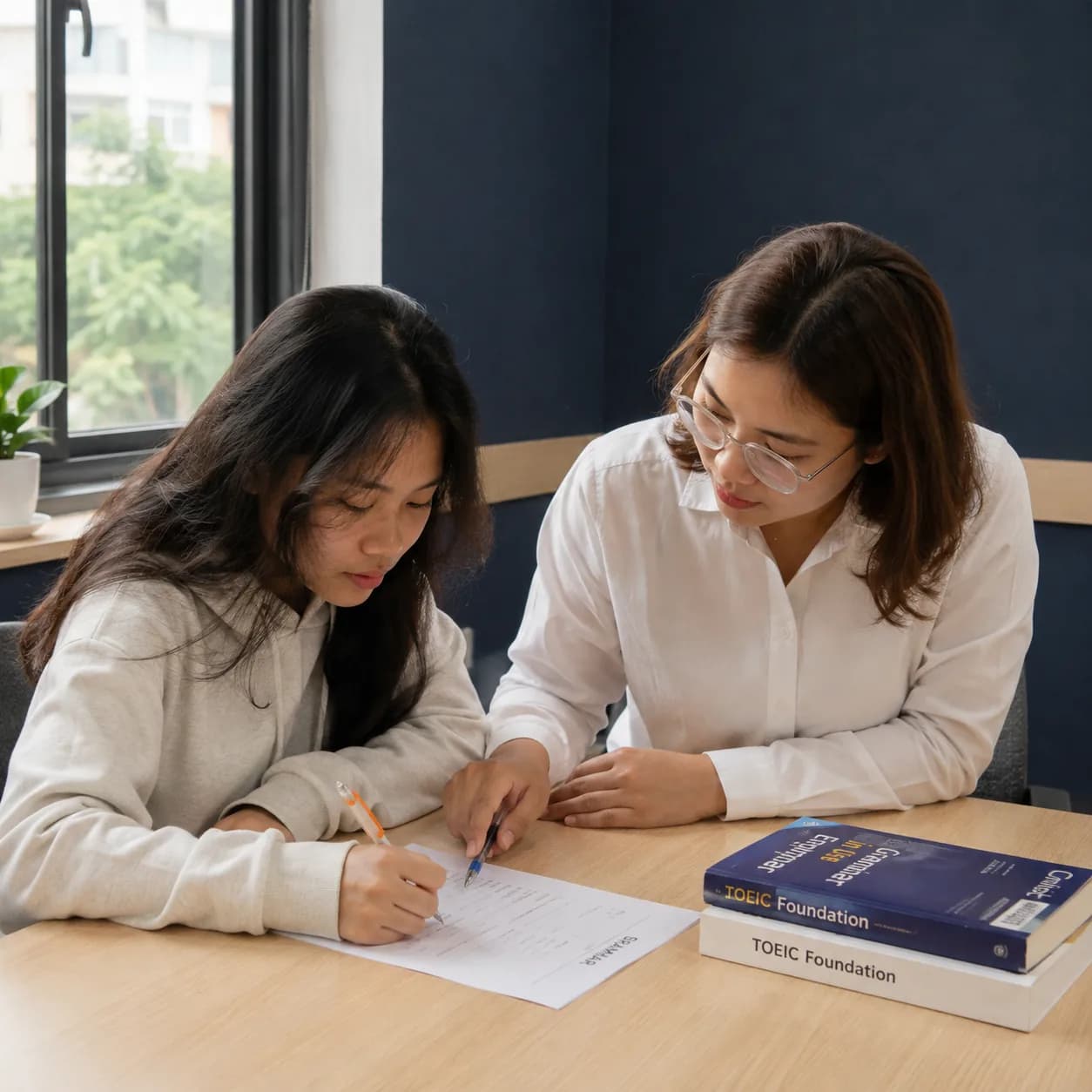 Học viên lớp TOEIC Foundation tại Wobridge Academy làm bài tập ngữ pháp cùng giáo viên