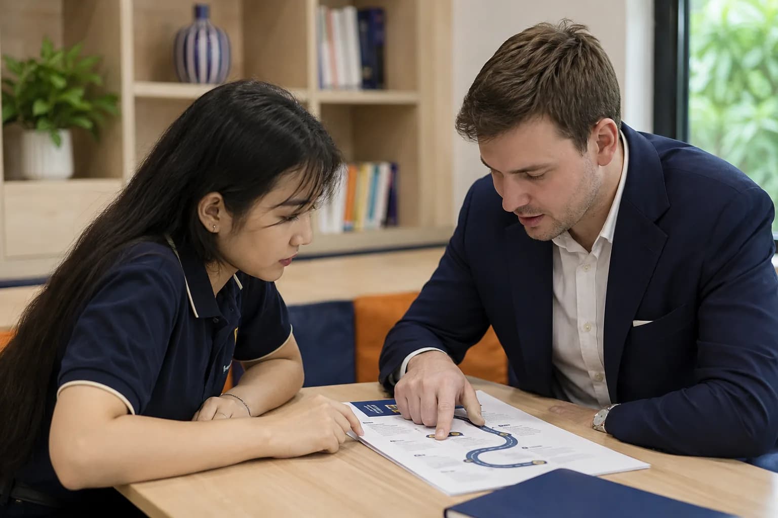 Giáo viên Wobridge và học viên cùng xem lại lộ trình VSTEP vừa điều chỉnh
